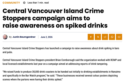 Central Vancouver Island Crime Stoppers campaign aims to raise awareness on spiked drinks
