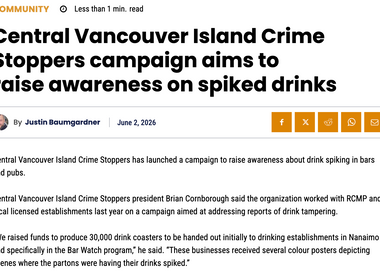 Central Vancouver Island Crime Stoppers campaign aims to raise awareness on spiked drinks